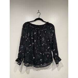 H&M Smocked Space Top Girls Size 14Y Moon Stars Sparkle Long Sleeve Party Blouse